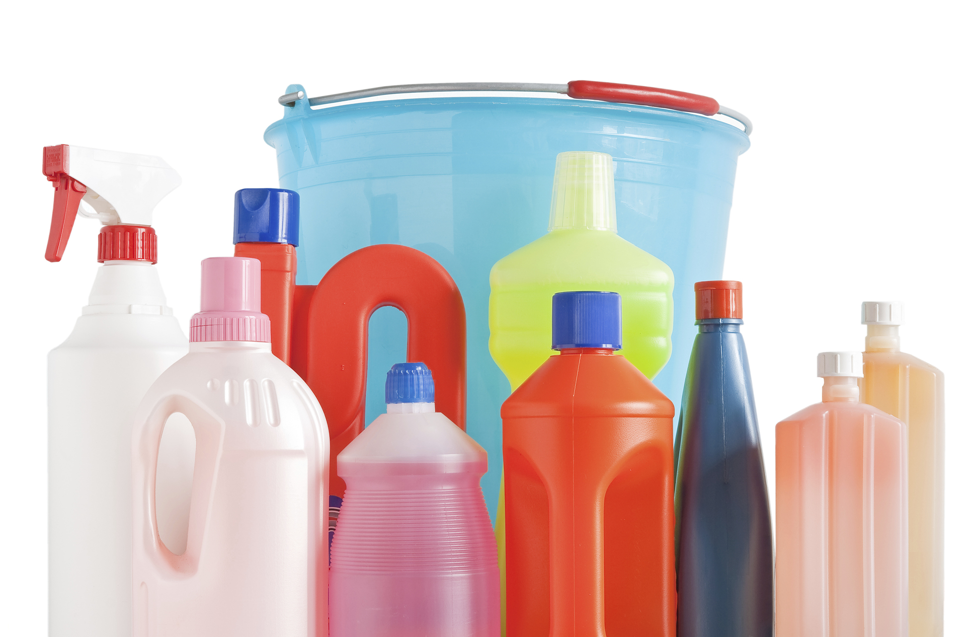 detergent bottles and bucket